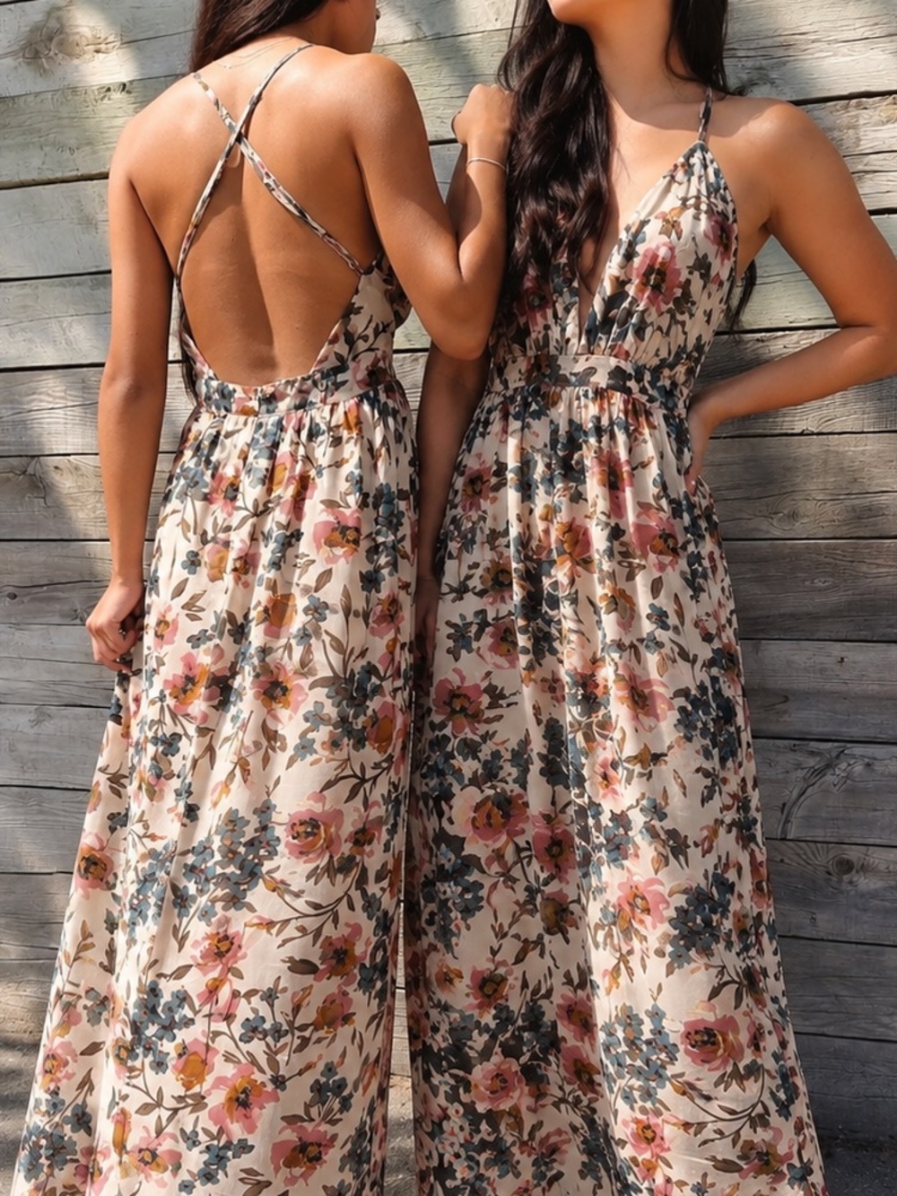 Cream Maxi Dress with Pink & Blue Floral Print from Honey Boutique